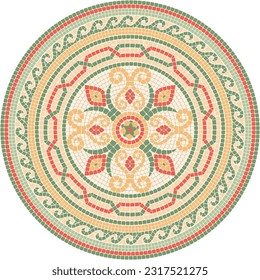 Mosaic circular ornament with floral motifs in bright red and green colors. For ceramics, tiles, ornaments, backgrounds and other projects.