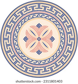 Mosaic circular ornament in Roman style in blue, pink and yellow colors. For ceramics, tiles, ornaments, backgrounds and other projects.