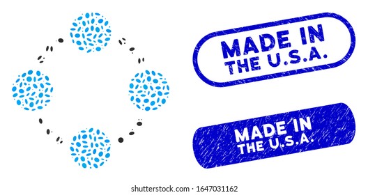 Mosaikkreisbeziehungen und bedrückte Stempeldichtungen mit Made in den USA Satz. Mosaike Vektorillustration zirkuläre Beziehungen bestehen aus verstreuten Ellipsengegenständen. Made in the U.S.A.