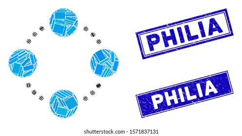 Mosaic circular relations pictogram and rectangular Philia stamps. Flat vector circular relations mosaic pictogram of scattered rotated rectangular elements.