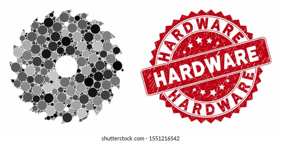 Mosaic circular saw blade and grunge stamp watermark with Hardware caption. Mosaic vector is created with circular saw blade icon and with scattered round items. Hardware stamp seal uses red color,