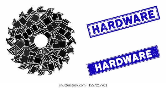 Mosaic circular saw blade icon and rectangular rubber prints. Flat vector circular saw blade mosaic icon of scattered rotated rectangular items. Blue caption rubber seals with grunge texture.