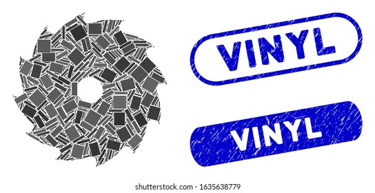 Mosaic circular saw and rubber stamp seals with Vinyl phrase. Mosaic vector circular saw is designed with scattered rectangles. Vinyl stamp seals use blue color, and have round rectangle shape.