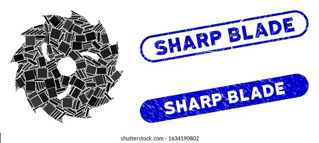 Mosaic circular wood blade and distressed stamp watermarks with Sharp Blade caption. Mosaic vector circular wood blade is formed with randomized rectangle items. Sharp Blade seals use blue color,
