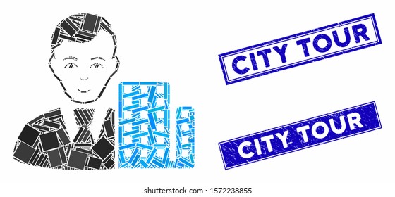Mosaic city architect icon and rectangle City Tour seal stamps. Flat vector city architect mosaic icon of random rotated rectangle items. Blue City Tour rubber stamps with corroded texture.