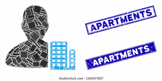 Mosaic city architect pictogram and rectangular seals. Flat vector city architect mosaic pictogram of scattered rotated rectangle items. Blue caption rubber seals with grunge surface.