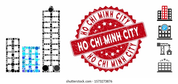 Mosaic city icon and grunge stamp seal with Ho Chi Minh City text. Mosaic vector is designed with city icon and with randomized spheric items. Ho Chi Minh City seal uses red color, and grunge surface.