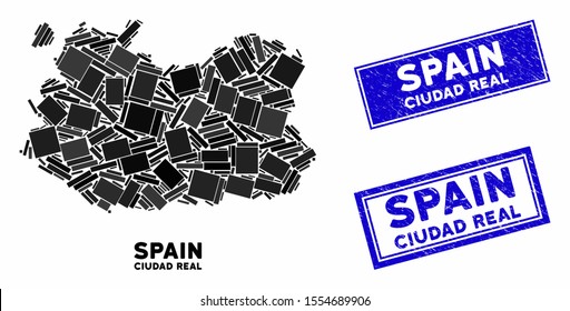 Mosaic Ciudad Real Province map and rectangle stamps. Flat vector Ciudad Real Province map mosaic of randomized rotated rectangular elements. Blue caption rubber stamps with distress textures.