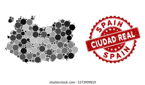 Mosaic Ciudad Real Province map and round rubber print. Flat vector Ciudad Real Province map mosaic of randomized round items. Red rubber seal with distress design.