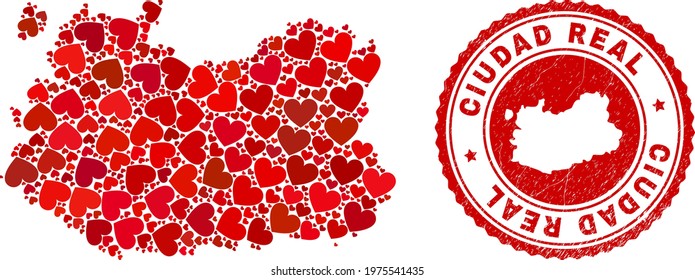 Mosaic Ciudad Real Province map formed with red love hearts, and rubber seal. Vector lovely round red rubber seal stamp imitation with Ciudad Real Province map inside.