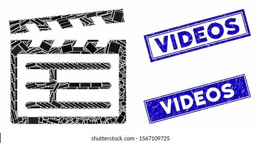 Mosaic Clapboard icon and rectangular watermarks. Flat vector Clapboard mosaic icon of randomized rotated rectangular elements. Blue caption watermarks with corroded texture.