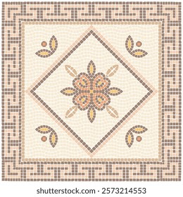 Mosaic classic floral ornament in beige, yellow, light brown and coral colors. For ceramic, tiles, ornaments, backgrounds and other projects.