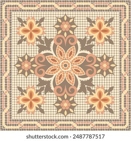 Mosaic classic floral ornament in pink and beige colors. For ceramics, tiles, ornaments, backgrounds and other projects.