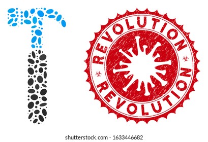 Mosaic claw hammer icon and red rounded distressed stamp seal with Revolution caption and coronavirus symbol. Mosaic vector is formed with claw hammer icon and with random oval spots.