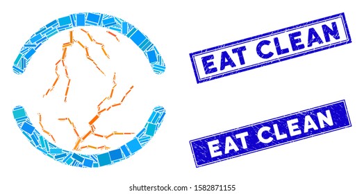 Mosaic clean energy icon and rectangle Eat Clean seal stamps. Flat vector clean energy mosaic icon of random rotated rectangle elements. Blue Eat Clean seal stamps with corroded texture.