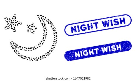 Mosaic clear night sky and corroded stamp seals with Night Wish text. Mosaic vector clear night sky is composed with random ellipse pieces. Night Wish stamp seals use blue color,