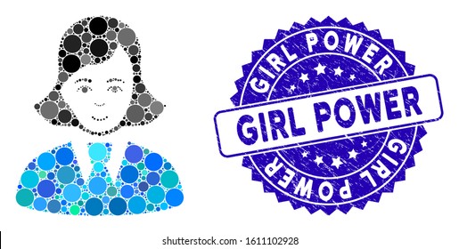 Mosaic clerk lady icon and grunge stamp seal with Girl Power text. Mosaic vector is designed with clerk lady icon and with scattered circle spots. Girl Power stamp seal uses blue color,