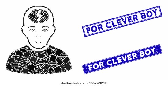 Mosaic clever boy icon and rectangle stamps. Flat vector clever boy mosaic icon of scattered rotated rectangle elements. Blue caption stamp imprints with distress textures.