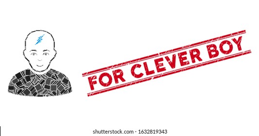 Mosaic clever boy icon and red For Clever Boy seal stamp between double parallel lines. Flat vector clever boy mosaic icon of randomized rotated rectangular elements.