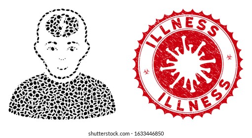 Mosaic clever boy icon and red round corroded stamp watermark with Illness phrase and coronavirus symbol. Mosaic vector is composed with clever boy icon and with randomized elliptic elements.
