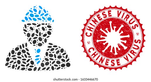 Mosaic clever engineer icon and red rounded distressed stamp seal with Chinese Virus phrase and coronavirus symbol. Mosaic vector is designed with clever engineer icon and with random elliptic spots.