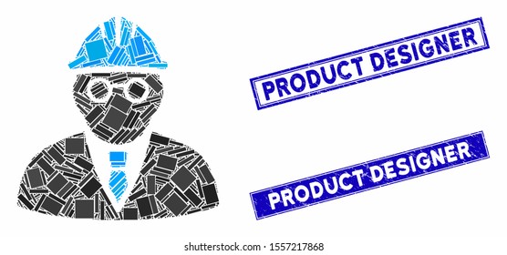 Mosaic clever engineer pictogram and rectangle stamps. Flat vector clever engineer mosaic pictogram of scattered rotated rectangle elements. Blue caption stamps with grunge textures.