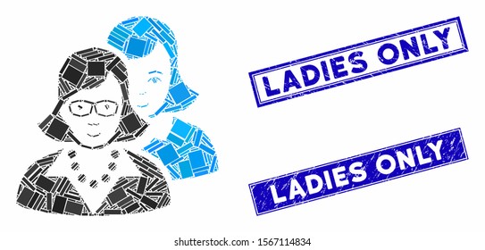 Mosaic clever women pictogram and rectangular seal stamps. Flat vector clever women mosaic pictogram of random rotated rectangular items. Blue caption seal stamps with distress surface.