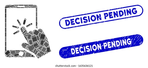 Mosaic click smartphone and corroded stamp seals with Decision Pending phrase. Mosaic vector click smartphone is composed with randomized rectangles. Decision Pending stamp seals use blue color,