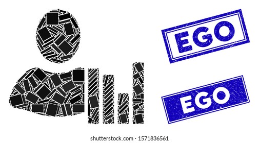 Mosaic client charts icon and rectangle Ego watermarks. Flat vector client charts mosaic icon of random rotated rectangle items. Blue Ego watermarks with grunge texture.