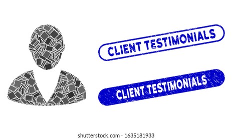 Mosaic client and distressed stamp seals with Client Testimonials phrase. Mosaic vector client is designed with randomized rectangle items. Client Testimonials seals use blue color,