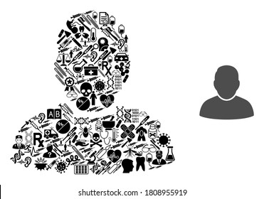 Mosaic client with health items and basic icon. Mosaic vector client is composed with health care items. Abstract design elements for clinic illustrations. Illustration is based on client pictogram.