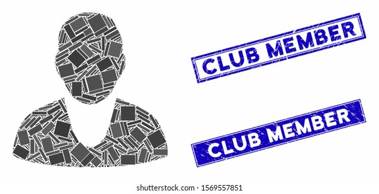 Mosaic client icon and rectangular seals. Flat vector client mosaic icon of random rotated rectangle items. Blue caption seals with grunged texture.