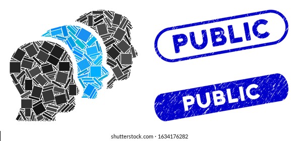 Mosaic client profiles and distressed stamp seals with Public text. Mosaic vector client profiles is composed with randomized rectangle items. Public stamp seals use blue color,