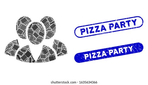 Mosaic clients and grunge stamp seals with Pizza Party caption. Mosaic vector clients is designed with random rectangle items. Pizza Party seals use blue color, and have round rectangle shape.