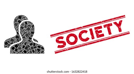 Mosaic clients icon and red Society stamp between double parallel lines. Flat vector clients mosaic icon of randomized rotated rectangle items. Red Society rubber stamp with rubber texture.