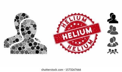 Mosaic clients icon and rubber stamp seal with Helium phrase. Mosaic vector is composed with clients icon and with random round elements. Helium seal uses red color, and distress surface.