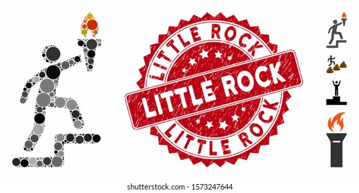 Mosaic climbing leader with torch icon and grunge stamp seal with Little Rock text. Mosaic vector is formed with climbing leader with torch icon and with random round elements.