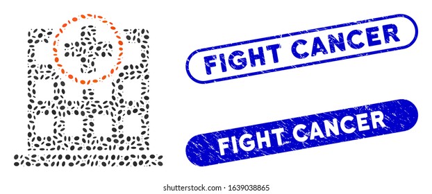 Mosaic Clinic Building And Grunge Stamp Watermarks With Fight Cancer Phrase. Mosaic Vector Clinic Building Is Composed With Randomized Ellipse Dots. Fight Cancer Stamp Seals Use Blue Color,