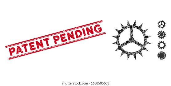 Mosaic clock cog icon and red Patent Pending seal stamp between double parallel lines. Flat vector clock cog mosaic icon of scattered rotated rectangle items.