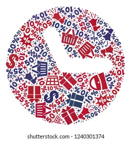 Mosaic clock designed with blue and red shopping symbols. Retail composition of mosaic clock icon. Flat design for shopping templates.