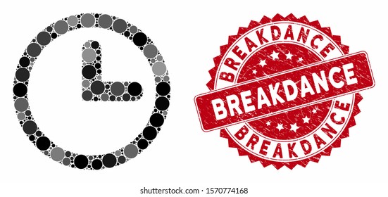 Mosaic clock and distressed stamp seal with Breakdance caption. Mosaic vector is created with clock icon and with randomized spheric spots. Breakdance seal uses red color, and dirty texture.