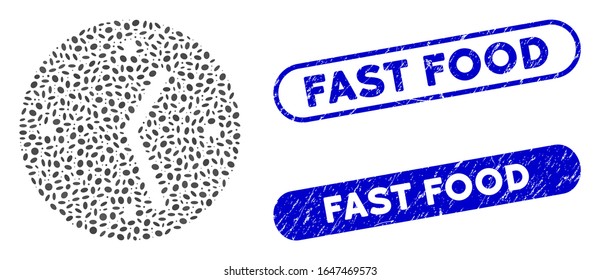 Mosaic clock and distressed stamp seals with Fast Food caption. Mosaic vector clock is created with scattered elliptic elements. Fast Food stamp seals use blue color, and have round rectangle shape.