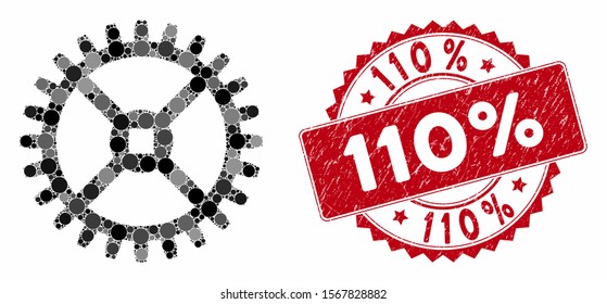 Mosaic clock gear and grunge stamp seal with 110% phrase. Mosaic vector is created with clock gear icon and with scattered spheric items. 110% stamp seal uses red color, and dirty design.