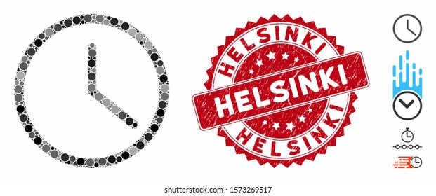 Mosaic clock icon and distressed stamp seal with Helsinki phrase. Mosaic vector is composed with clock icon and with random round items. Helsinki seal uses red color, and scratched surface.
