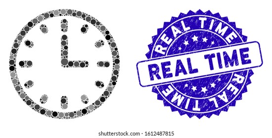 Mosaic clock icon and distressed stamp seal with Real Time text. Mosaic vector is designed from clock icon and with random round elements. Real Time stamp seal uses blue color, and distress surface.