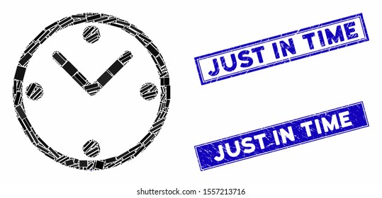 Mosaic clock icon and rectangle rubber prints. Flat vector clock mosaic icon of random rotated rectangle elements. Blue caption rubber seals with rubber texture.