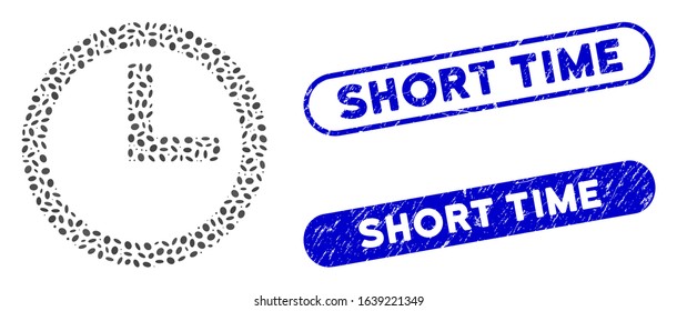Mosaic clock and rubber stamp seals with Short Time phrase. Mosaic vector clock is formed with random oval parts. Short Time stamp seals use blue color, and have round rectangle shape.