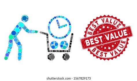 Mosaic clock shopping and rubber stamp watermark with Best Value caption. Mosaic vector is formed with clock shopping icon and with randomized spheric items. Best Value stamp seal uses red color,