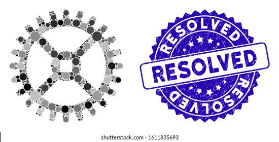 Mosaic clock tooth wheel icon and corroded stamp seal with Resolved phrase. Mosaic vector is designed with clock tooth wheel icon and with randomized round elements. Resolved seal uses blue color,