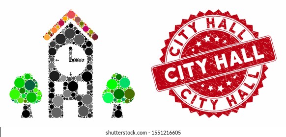 Mosaic clock tower and distressed stamp seal with City Hall phrase. Mosaic vector is formed with clock tower icon and with randomized round elements. City Hall stamp seal uses red color,